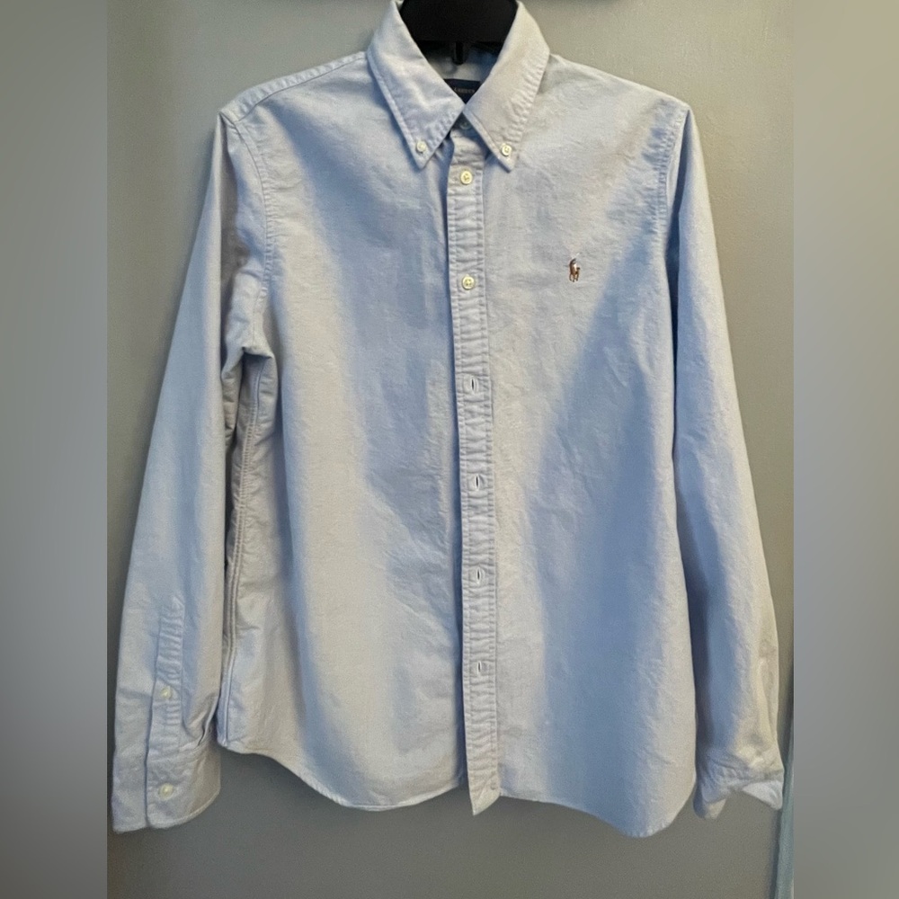 Ralph Lauren Youth Size L Blue Collared Slim Fit Button Down Dress Shirt